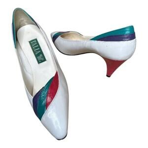 VTG 1980's Italia Leather White Red Green Coral Heels 2.5" Shoes Size 8N